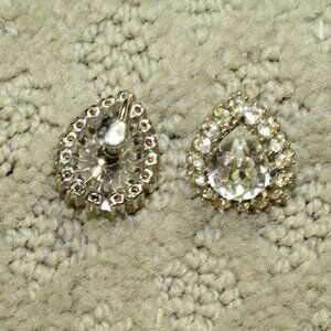 Vintage Large 1" Teardrop Clear Rhinestone Screw Back Clip On Earrings